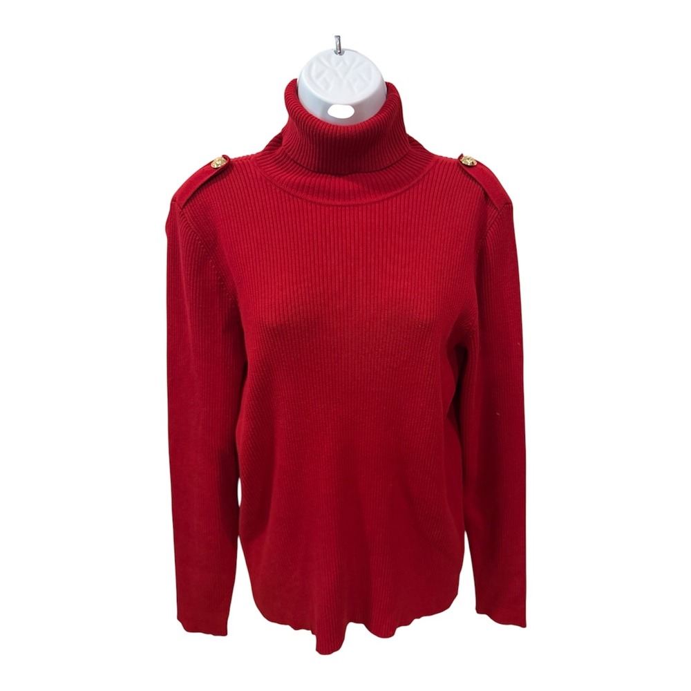Lauren Ralph Lauren Red Ribbed Cotton Turtleneck Sweater Gold Shoulder Buttons M
